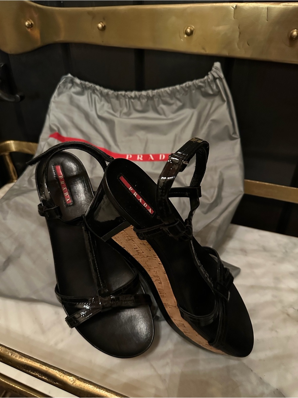 Prada Black Patent Leather Cork-Wedge Sandals